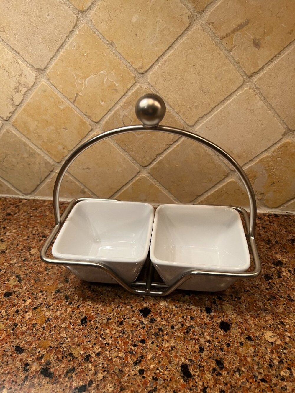 NIB- Pampered Chef White Ceramic Double Serving Dishes w/ Silver Metal Stand